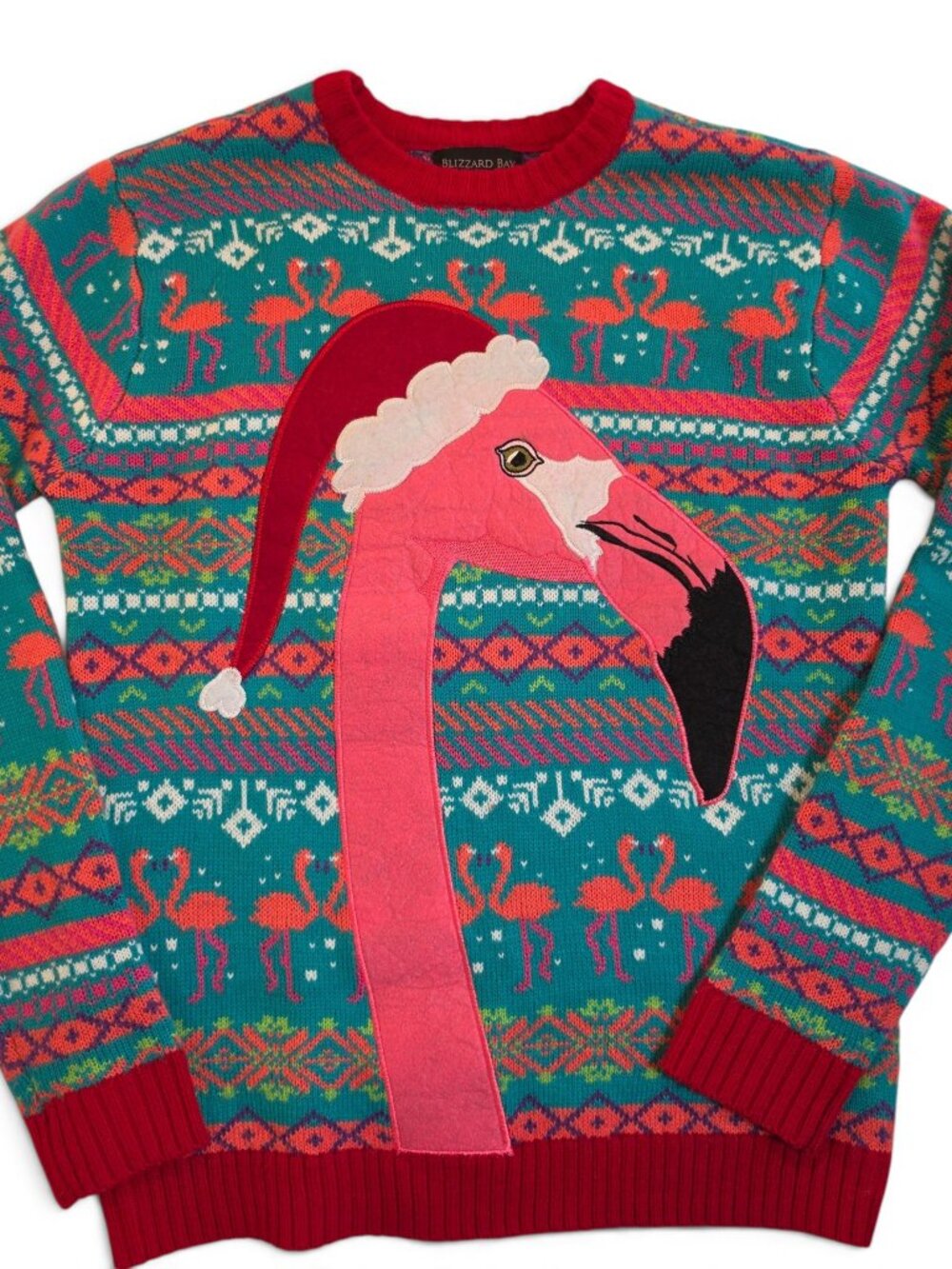 Blizzard Bay Flamingo Santa Hat Ugly Christmas Sweater Size S